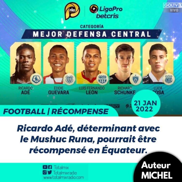 FOOT – DISTINCTIONS : RICARDO ADÉ EN LICE POUR LE PRIX DE MEILLEUR DÉFENSEUR DU CHAMPIONNAT ÉQUATORIEN