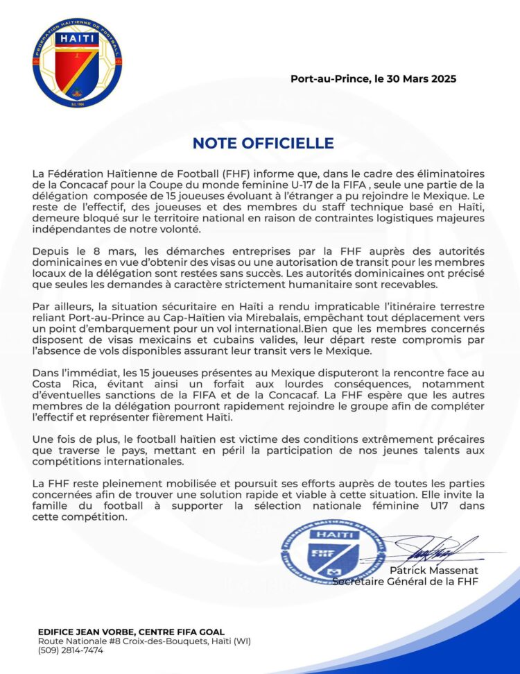 Note officielle de la FHF sur les difficultés rencontrées lors du déplacement de la sélection féminine U-17